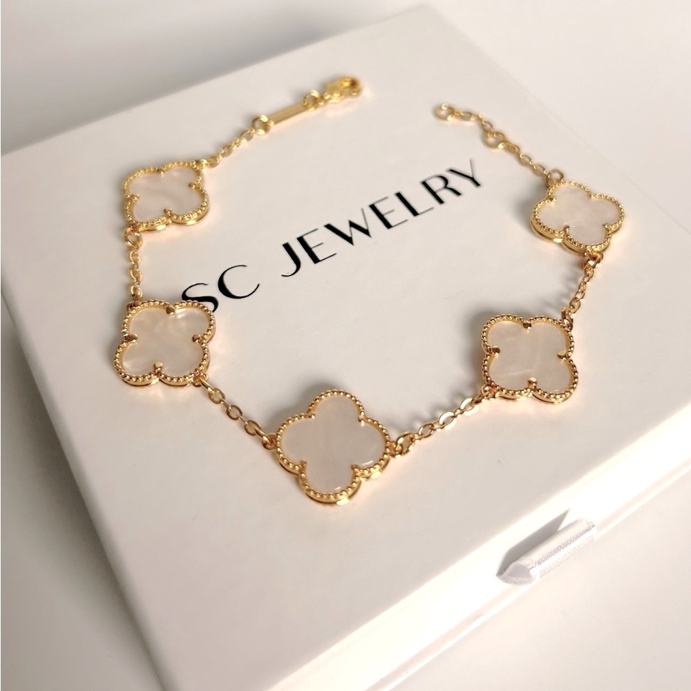 Clover Bracelet Mother of Pearl 14k Gold Plated Luxury Bracelet - Picture 3 of 11